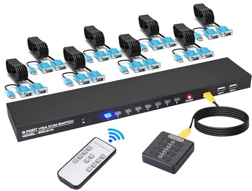 Commutateur KVM VGA 8 ports, USB VGA KVM Switch pour 8 ordinateurs partageant 1 moniteur 3 périphériques USB Clavier Souris Scanner Imprimante avec 8 Câbles et commande de bureau