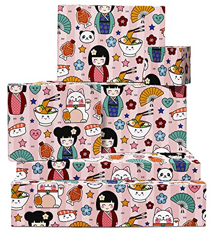 Papier cadeau anniversaire pour fille – 6 feuilles de papier cadeau rose – Joli personnage japonais – Pour femme amis – Sushi Ramen – Livré avec des autocollants – Par Central 23