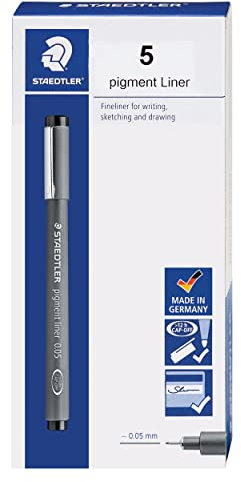 STAEDTLER Pigment-Liner, Fineliner-Stift zum Zeichnen, Zeichnen, Tagebuch, 0,05 mm, schwarz, Box mit 5 Stiften, 308 0059M