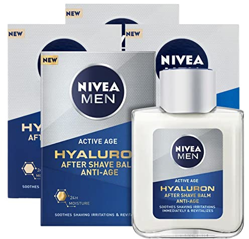 Nivea Men Active Age Hyaluron After Shave Herren Anti-Age Formel mit Hyaluronsäure mit feuchtigkeitsspendender Wirkung, erfrischend, beruhigend, für reife Haut – 4 Flaschen à 100 ml