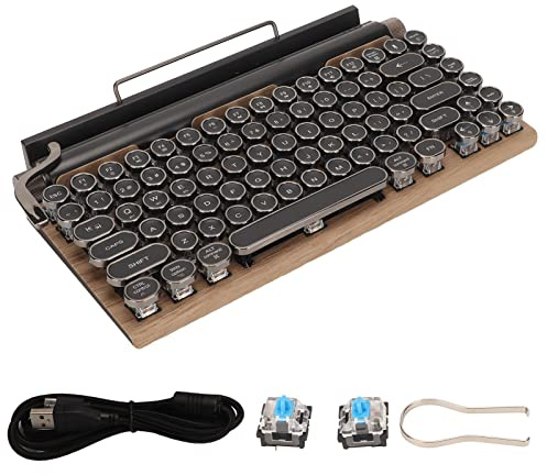 Jectse Retro-Schreibmaschinentastatur, 83 Tasten Vintage Mechanische Gaming-Tastatur mit Tastenzieher, RGB-Hintergrundbeleuchtung, Kabellose Tastatur für Computer (Farbe der Holzmaserung)