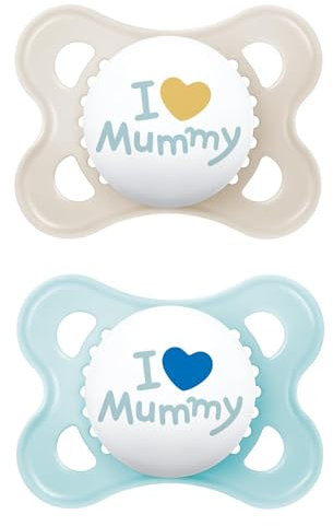 MAM Original Schnuller im 2er-Set, zahnfreundlicher Baby Schnuller aus nachhaltigen & bio-erneuerbaren Materialien, Sauger aus MAM SkinSoft Silikon, mit Schnullerbox, 0-6 Monate, blau/beige