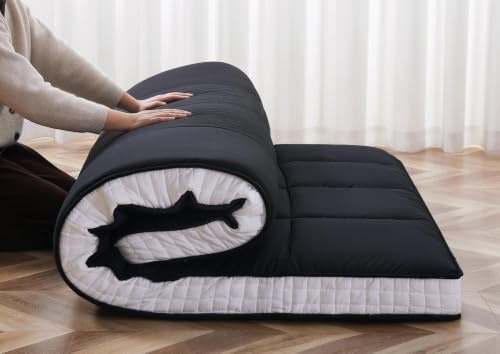 ZIKEBTUY Floor Mattress Japanese Futon King Mattress Topper - 10cm Thick Foldable Tatami Mat Sleeping Bed Pad for Guests, Dormitories, Camping, Sofas & Loungers - Black, 203 * 153 * 10CM
