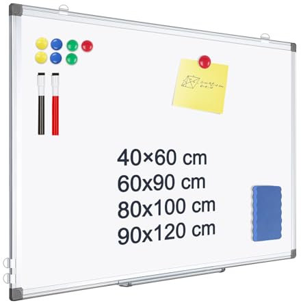 QUEENLINK Magnetisches Whiteboard, 90 x 120 cm, großes Whiteboard für die Wand, Aluminiumrahmen, trocken abwischbare Tafel für Büro, mit Stiftablage