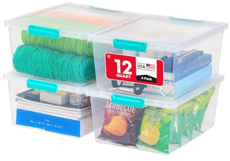 IRIS USA 12 Qt. Craft Storage Bins with Lids, 4-Pack, |Made in USA|, Clip Box, Medium Plastic Sensory Bin Tote Organizer Containers for Art Supplies, Paper, & Office, Stackable - Clear/Seafoam Blue