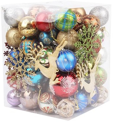 Juego de 60 adornos de bolas de Navidad, copo de nieve y bolas, coloridas bolas de adorno inastillables con cuerda, cubo de bolas de Navidad de plástico brillante mate