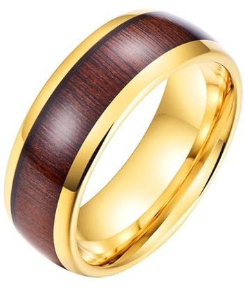 Bishilin Ring Herren Wolfram, Freundschaftsringe 8MM mit Holz Bandring Ring Größe 47-72, Partnerringe Personalisiert Männer Ringe Gold