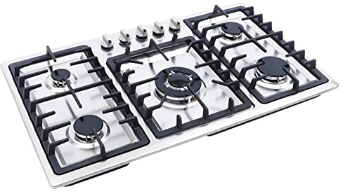 Placa de gas empotrable de 5 fuegos, placa de gas de acero inoxidable, hornillo de gas propano/gas natural, incluye placa de gas, hornillo de gas, 830 x 470 mm, GLP G/gas natural