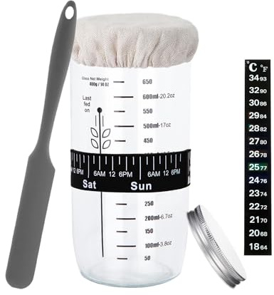 Hniuyun Sourdough Starter Kit with Thermometer & Scraper - 650ml Wide Mouth Glass Jar, Reusable Baking Supplies with Cloth Cover & Metal Lid