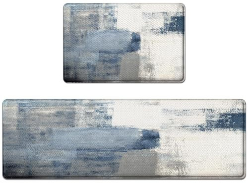 Nesphy Küchenteppich gegen Ermüdung, blau-grau, 2er-Set, gepolstert, abstrakt, für Küchenboden, Kunst-Stehmatte, wasserdicht, rutschfest, Küchenmatten und Teppiche, PVC, ergonomischer Komfortschaum,