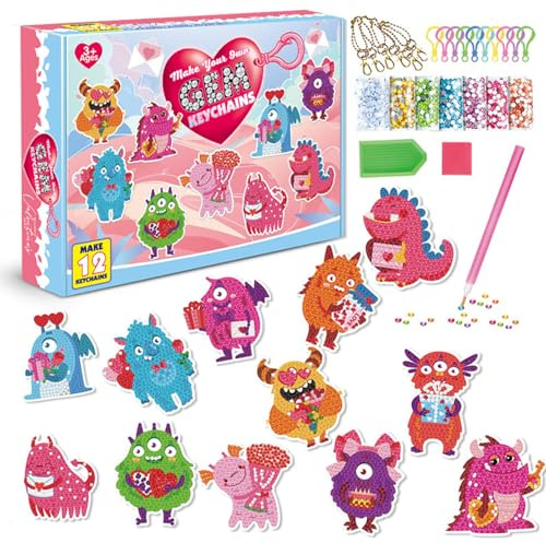 CAYUDEN Nyckelringar med Diamantmålning, 12 st DIY Diamond Painting Keychains Kits 5D Dinosaurie Hänge för Barn Gem Arts and Crafts Dekorativ Diamant Nyckelring för Pojkar Kit för Barn i åldern 8-12