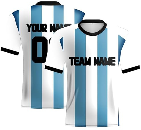 Davcielaora Camiseta de fútbol personalizada para hombre, diseño de rayas blancas y azules, equipo de fútbol Argentina, personalización personalizada, nombre del equipo, número, logotipo, ropa