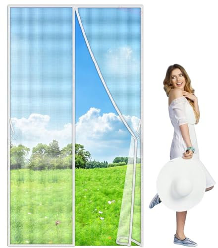 Magnet Fliegengitter Set für Balkontür, 280x225cm Terrassentür Fliegenvorhang & Insektenschutz Tür mit Fliegenklatsche Klebeband Weiß Anpassbare