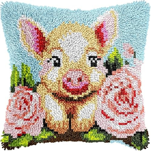 WallustrioaW Tier knüpfteppiche & knüpfkissen Kissenbezug,süßes rosa Schwein,Choices Knüpfteppich Zum Selber Knüpf-Sets mit Kissen knüpfen-Set,43x43cm
