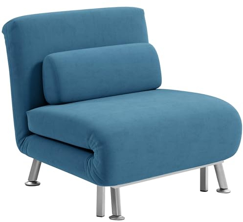 HOMCOM Single Sofa Chair Bed, Velvet-Feel Fabric 3-in-1 Convertible Sleeper Chair with 5-Position Adjustable Backrest, 75cm Wide Seat, Pillow for Living Room, Bedroom, Blue