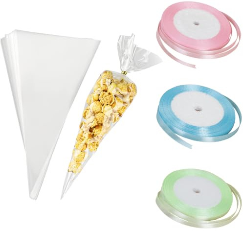 ZEPIQOR 100 Pièces sachet bonbon, Sachet Plastique Transparent, 13 x 25 cm Sac Transparent OPP Pochette Emballage Bonbon Avec 3 pcs Liens Torsadés pour Biscuits Chocolats Cookies Bijoux