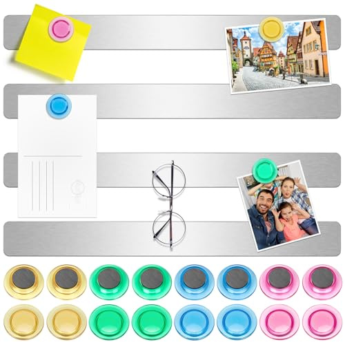 Wukong Magnettafel Memotafel, Selbstklebend Magnetleisten mit 16 Stück Whiteboard Magnete für Büro, Pinnwand, Fotowand, Dokumente und Kühlschrank (Silber, 4P)