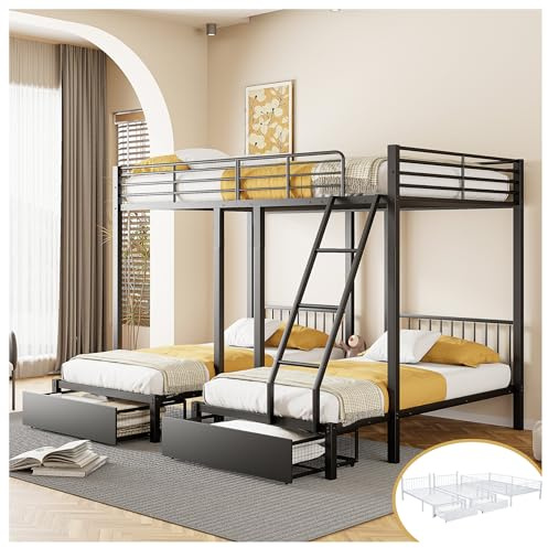 Wyibwy Litera triple con cajones, convertible en cama doble de 140 x 200 cm y dos camas individuales de 90 x 200 cm, cama multifuncional con estructura de metal, color negro