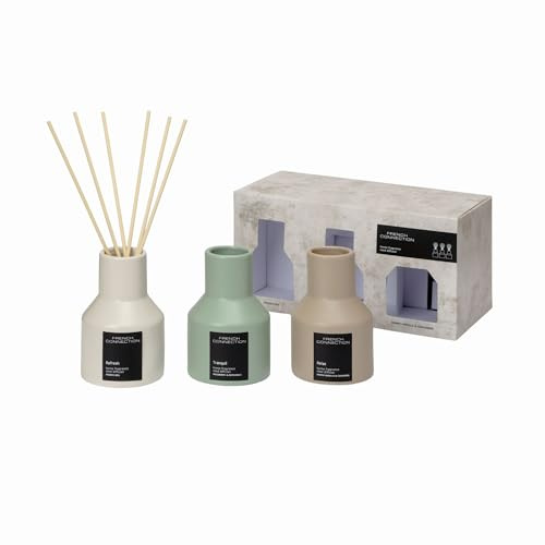 French Connection Stone Collection Diffuseur de roseau parfumé | Parfum maison de luxe | 130 ML & Trio Gift Set (100 ML X 3, Vanille Chaude & Cashmere, Wildberry & Patchouli, Iris & Fleur d'oranger)