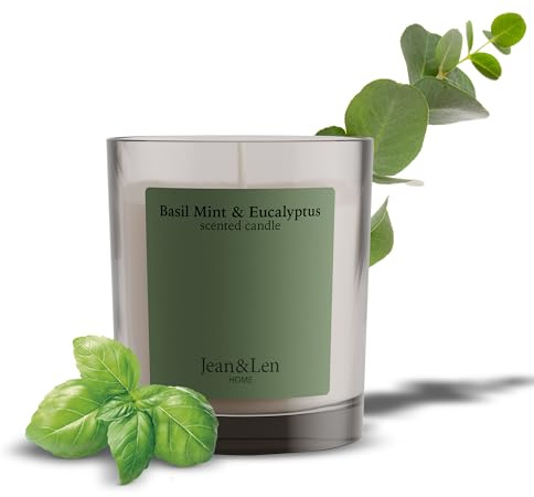 Jean & Len Scented Candle Basil Mint & Eucalyptus, hergestellt mit Sheabutter, Brenndauer ca. 40 Stunden, minimalistisches Design, erfrischender Duft, vegan, 195 g