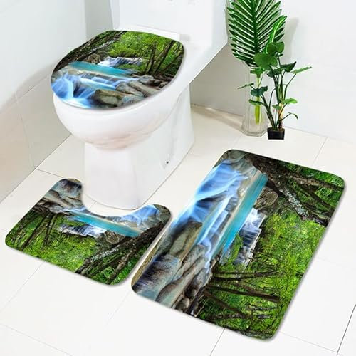 Badezimmerteppich Grüner Baumstrom WC Vorleger mit Ausschnitt WC Deckelbezug 3 Teiliges WC Teppich rutschfeste Badgarnitur U förmiger Badematte Waschbar Bad Teppiche Set 50x80 cm
