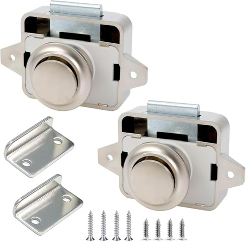 MejaRizon Push Lock Schloss, 2 Stück Zinklegierung Push-Lock, Schlüsselloses RV Schrankschlösser mit Groß Push Button, Camping Schrank Verschluss Geeignet für Holzschrank, Wohnmobile(Champagne Gold)