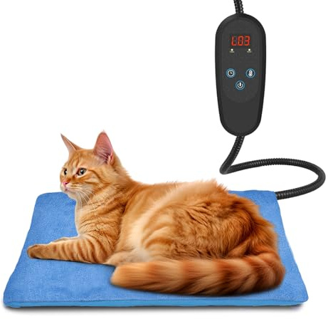 Heizkissen für Haustiere mit Regler, geeignet für Katzen und Hunde, mit 6 Temperatureinstellungen und einem 24-Stunden-Timer, LED-Anzeige, Sicherheitsheizdecke mit bissfestem Kabel-Blau 40*50cm