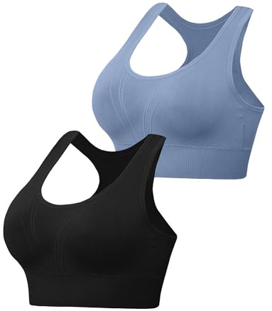 Litherday sport-BH för kvinnor push-up bustier – trådlös bh med hög stöd med avtagbara dynor för yoga, fitness och löpning, Svart blå, S