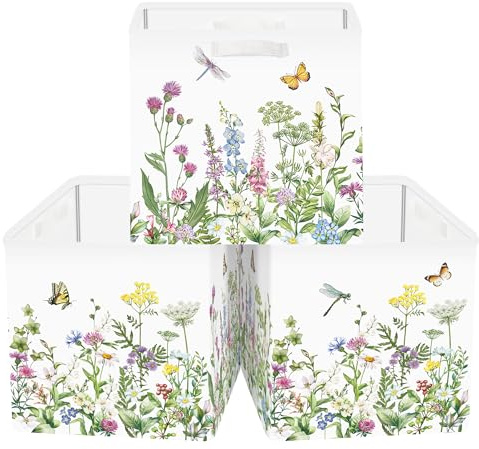 Clastyle Juego de 3 Caja Almacenaje Tela Flores Salvajes Cestas Almacenaje Ropa Padres y Madres para Juguetes Cestas Organizadoras Plegable para Armarios,Verde,30x30x30 cm