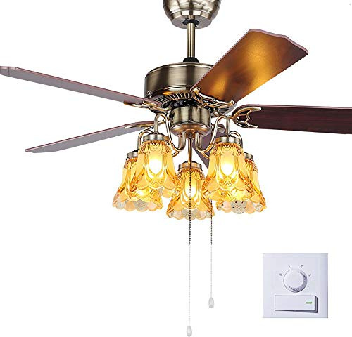 MEVZHH Ventiladores de Techo con Lámparas, Retro Hoja Ventilador Lámpara Europea Antigua Simple Restaurante Sala de Estar Casa Ventilador de Techo Luz E27 * 5/Interruptor de Pared de 52 Pulgadas