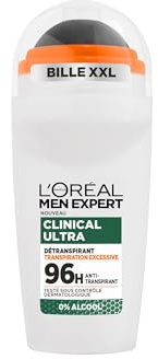L’Oréal Paris Men Expert Clinical Ultra – Déodorant Roll-On 96H – 0% Alcool, Anti-Transpiration, Protection Longue Durée & Sensation de Fraîcheur – Format 50 ml