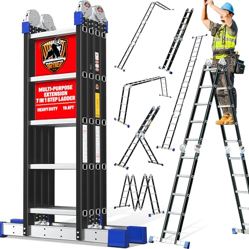 7 in 1 Ladder 19.7ft Multi-Purpose Extension Ladders, Folding Adjustable Aluminium Telescoping Step Folding Ladder 330lbs