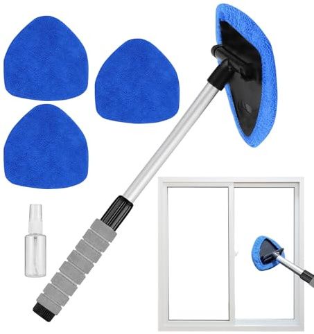 Car Window Cleaning Kit – Extendable Handle Glass Cleaner, Fiber Wiper Mop, Multipurpose Windshield Defogging Set, Microfiber Spray Cloth Combo | for Auto Interior Exterior Maintenance Detailing Garag