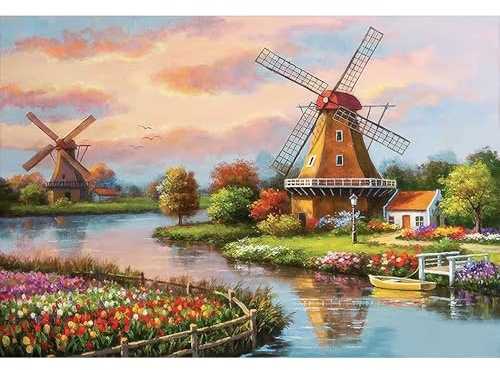 1000 (26x38cm)-piece adult puzzle, flower and windmill river puzzle, a challenging family fun activity game gift for friends