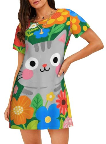 Zelinge Tecknad katt i blommor grön nattklänning för kvinnor lös nattskjorta damer sovklänning bekväm myskläder XX-Large