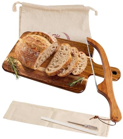 Premium Bread Knife & Cutting Board Set for Sourdough – Includes Sharp Sourdough Knife, Wooden Bread Board & Reusable Bread Bag – Easy Adjustable Thickness Bread Slicer for Homemade Artisan Loaves