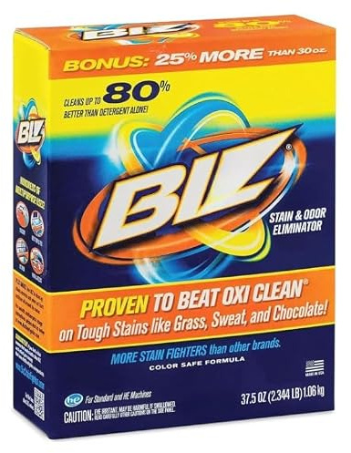 BIZ' Laundry detergent Powder with 4 Stain Fighters, Color Safe, HE Safe, Unscented 37.5 oz