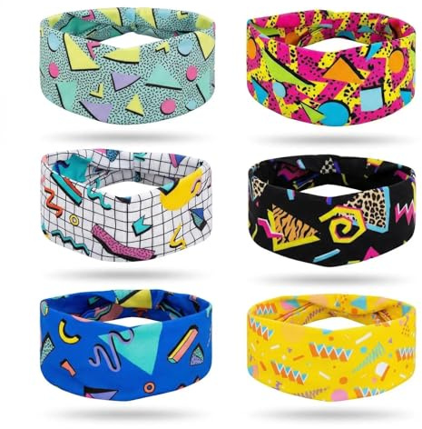 6 pcs Stirnband Damen Männer Headband Haarband Elastisches mit Retro Print | Haarreifen Neonfarben, Schweissband Haarbänder, für Yoga, Sport, Laufen Workout, Party 80er 90er Jahre Accessoires