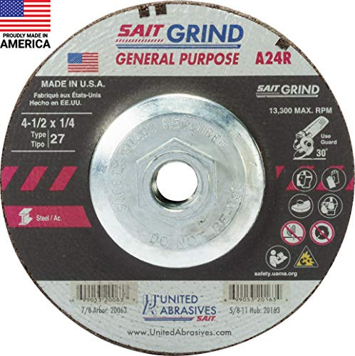 United Abrasives-SAIT 20163 A24R General Purpose/Long Life Grinding Wheel (Type 27/Depressed Center) 4 1/2 x 1/4 x 5/8-11, 10-Pack