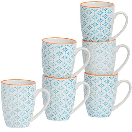 Nicola Spring Hand-Printed Mug - 330ml - Blue - Pack of 6 - Porcelain Hot Chocolate Cups Tea & Coffee Mugs for Kitchens, Cafes & Restaurants