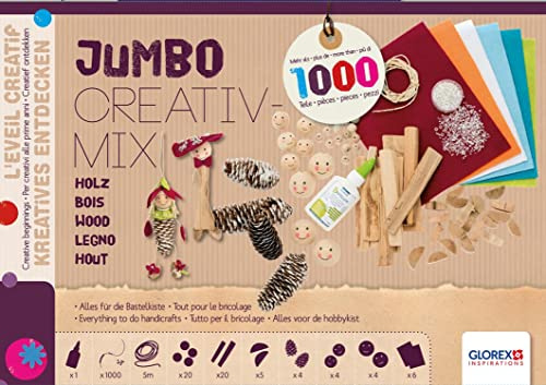GLOREX 6 7026 439 - Jumbo-Naturholz Mix, ca. 1000 Teile, umfangreiches Bastelset mit Tannenzapfen, Holzstücken, Kugeln und Strick