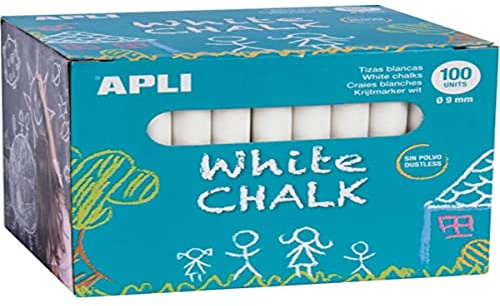 Apli 14577 Craies Blanches Dustless 100 Unités – Craies Rondes 9x80 mm pour Tableau Noir, Écriture Propre Sans Poussière, Usage Scolaire et Créatif