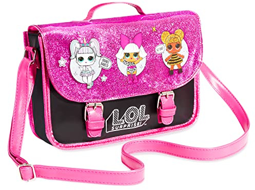 LOL Surprise! Umhängetasche, Handtasche Glitzer mit Einhorn, Diva, & Bienenkönigin, 1 Stück Schwarz und Rosa Handtasche, mit Verstellbarem Riemen & Magnetknopf-Verschluss
