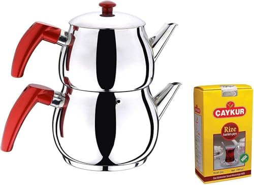 Turkish, Caydanlik, teiera in acciaio inox, di piccole dimensioni, con confezione di tè nero turco da 500 g