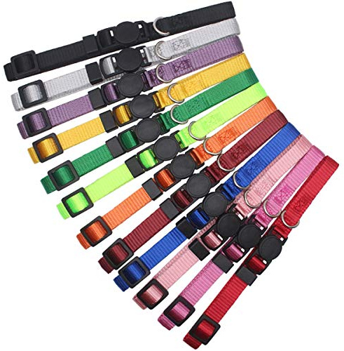 HOLLIHI 12/14 pack mjuk nylonvalp vibrerande ID-halsband – justerbara breakaway kullhalsband baby hund ID-band husdjursidentifiering för uppfödare med journallistor, M, 12 Colors/Breakaway Buckle