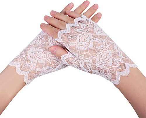 2 Pairs Women's Short Lace Gloves Ladies Fingerless Driving Gloves Summer Gloves Sun UV Protection Gloves Wedding Gloves for Driving Wedding Dinner Parties Wrist Length Bridal Gloves