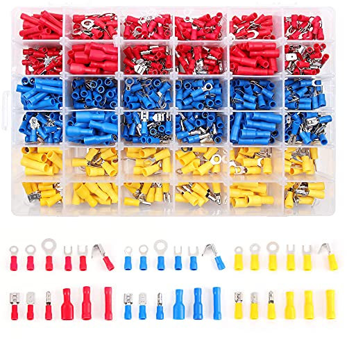Flytuo 840 Stück Kabelschuhe Set - 36-teilig isoliert mit Butt-, Ring-, Gabel-, Kugel- und Schnellverbinder-Klemmen. Crimp-Terminals Sortiment für Elektroinstallationen.