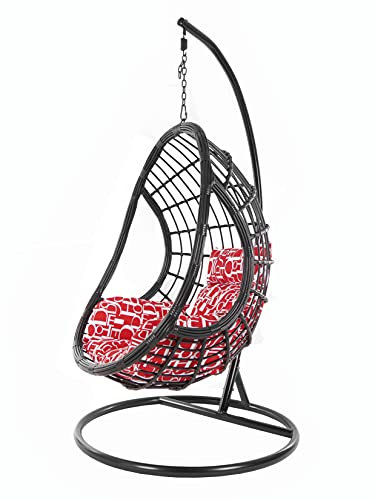 Kideo großer Hängesessel inklusive Gestell und Kissen, Korbsessel, Polyrattan schwarz (Kissen: Nest rot-weiß Gemustert [3100 red Letter])