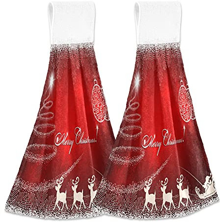 Weihnachts-Handtücher, rote Tannenbaum, Schneeflocken, mit Aufhängeschlaufe, für Bad und Küche, Hängeband, Handtuch – Weihnachten, Winter, Neujahr, Küche, Geschirrtuch und Badhandtücher, Set 2 Stück