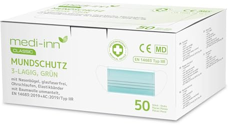 Medi-Inn+ Mundschutz Typ IIR, 3-lagig, grün, medizinische Gesichtsmaske mit Ohrschlaufen
